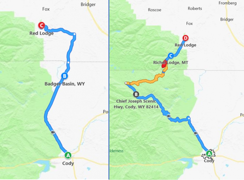 Two maps from Red Lodge to Cody WY
