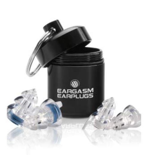 Eargasm black metal carrying case behind blue color and clear earplugs 