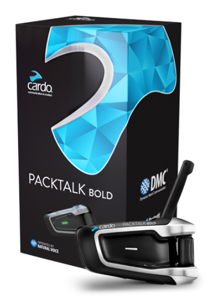 Blue and black Cardo PackTalk Bold box behind PackTalk unit