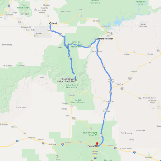 Map from Kanab to Flagstaff