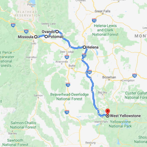 Map from Missoula to Yellowstone