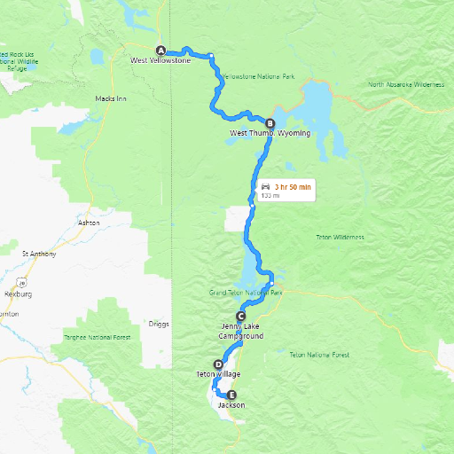 Map from Yellowstone to Jackson