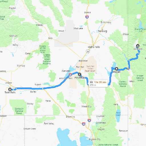 Map from Jackson to Twin Falls
