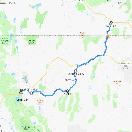 Map from Twin Falls to Reno