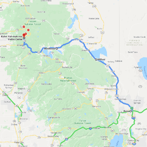 Map from Reno to Lassen