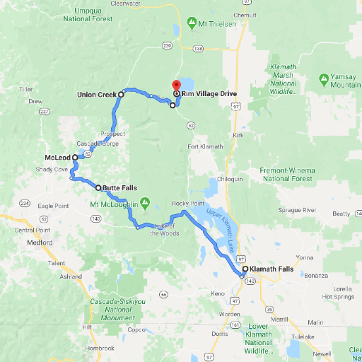 Map from Klamath Falls to Crater Lake