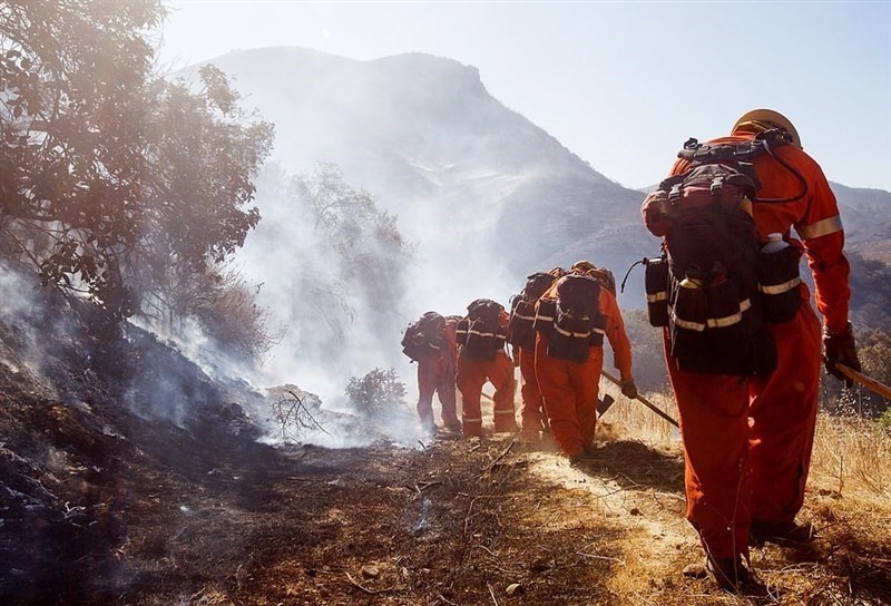 Fire fighters working to put out hotspots after the Woolsey Fire in Santa Monica 