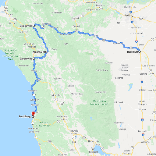 Map from Red Bluff to Fort Bragg