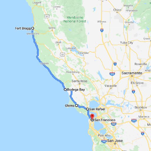 Map from Fort Bragg to San Francisco