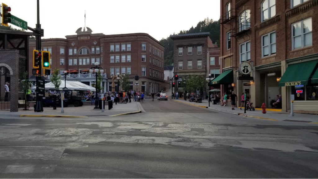 Shops along quiet sidewalks just off main street in downtown Deadwood