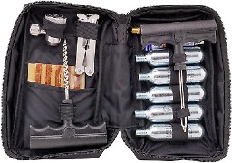 A self-contained tire repair kit in a zippered pouch 