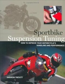 Cover for Sportbike Suspension Tuning showing a motorcycle design schematic and a sportbike at sharp lean angle