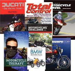 Motorcycle book covers arranged in a collage 