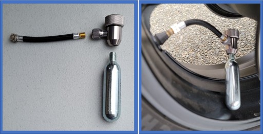 Split image inflation showing inflation tool components arranged for use and re-inflating a tire