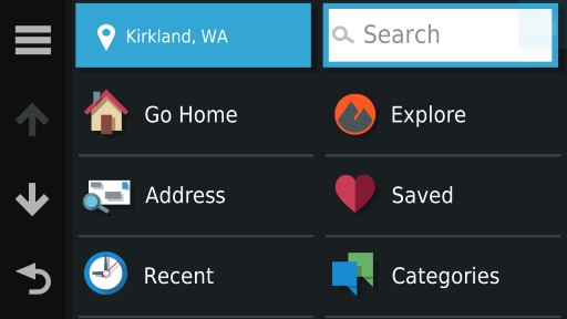 Zumo XT Where To Menu showing current location a search box and shortcut options   
