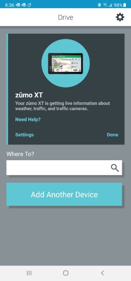 Home screen of the Zumo XT smartphone application 