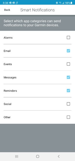 Zumo smartphone application notifications setting page with email messages and reminder notification options checked  