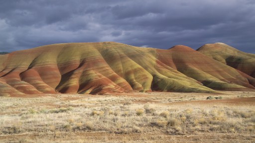 The reddish-brown Painted Hills rise up from dry range land