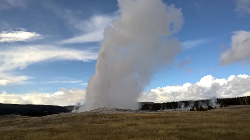 Old Faithful erupting in the late afternoon against a mostly blue sky 