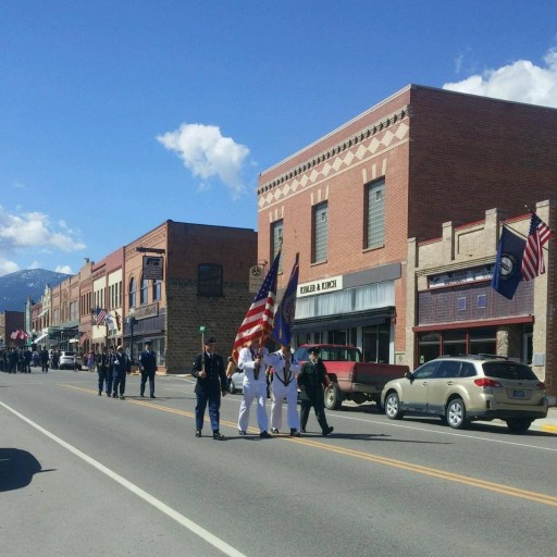 US Flag bearers marching in Memorial day parade on main street in Red Lodge Montana  