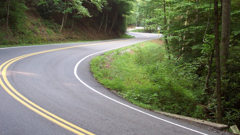 A heavily wooded twisty right-left section on the Tail of the Dragon