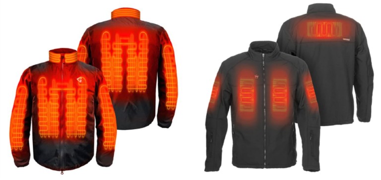 Gerbing and Fieldsheer heated jacket liners with heat zones shown in orange side-by-side for comparison