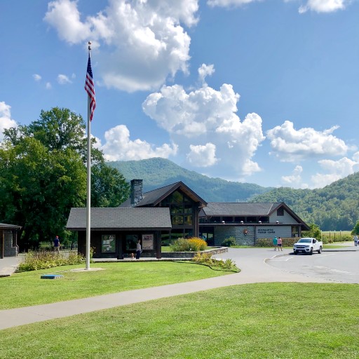 The lodge-like Oconaluftee Visitor Center building in Great Smoky Mountain National Park  