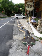 A long zig-zagging curb shaped like a Diamondback and painted green ends with a colorful snake head in Little Switzerland  
