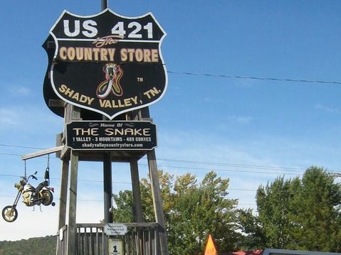 US 421 country store sign in the shape of an interstate sign at Shady Valley TN