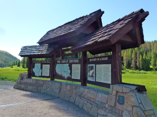 The large monument containing three reader boards marks the Wolf Creek Pass Trail Head and Continental Divide