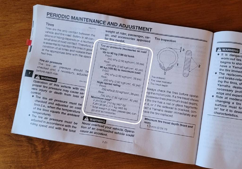 Page from a motorcycle owner's manual showing tire pressure recommendations.