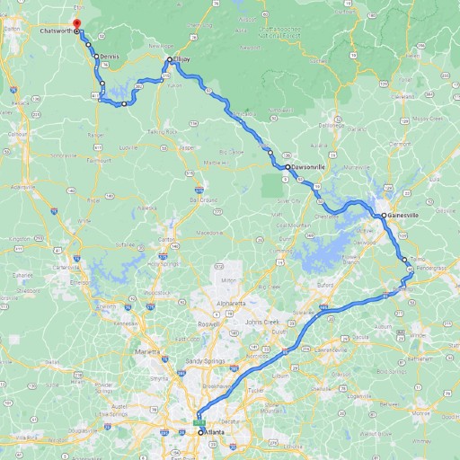 Map showing tour route from Atlanta to Chatsworth.