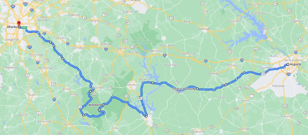 Map showing tour route from Augusta to Atlanta.