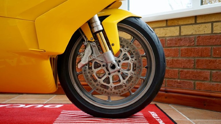 Motorcycle front wheel.