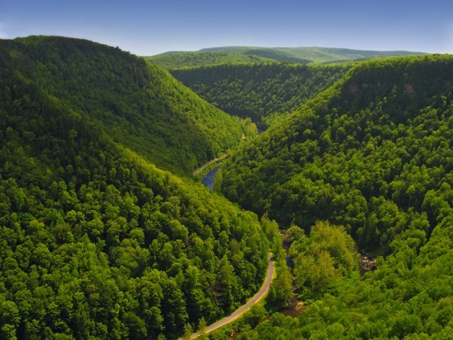 Tree covered valley extending to horizon.