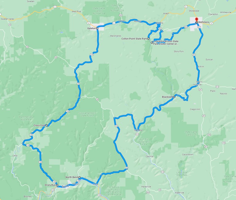 Map showing Grand Canyon of Pennsylvania route.
