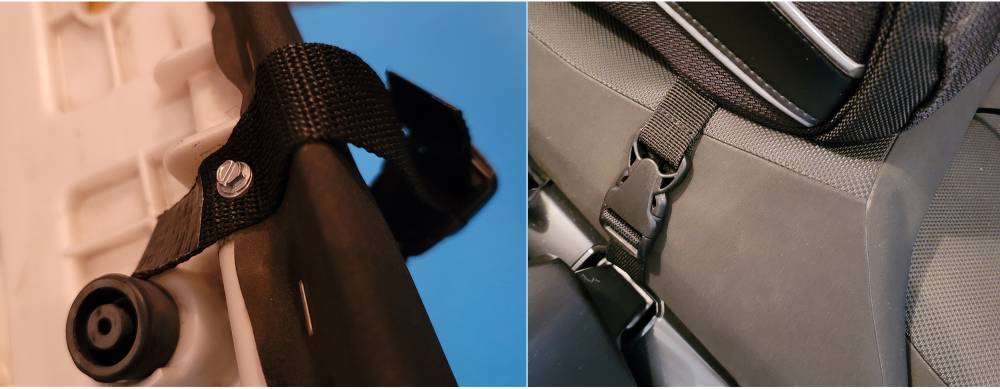 Split image of tail bag straps under and over seat