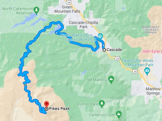 Route map from Cascade CO to Pikes Peak
