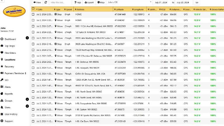 GPS Vehicle Finder location data list