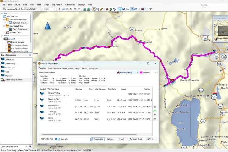BaseCamp main screen with route details