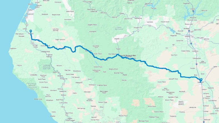 Route map - Fortuna to Red Bluff on California Highway 36