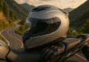 Helmet on motorcycle with open road behind.