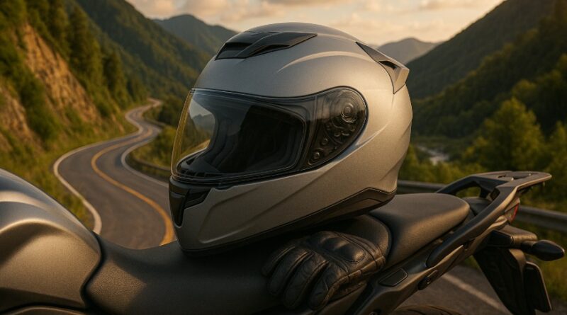 Helmet on motorcycle with open road behind.