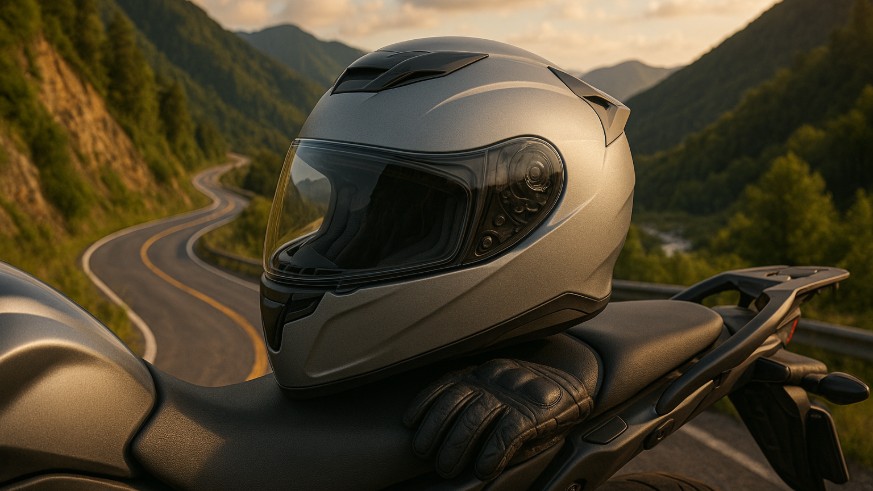 Helmet on motorcycle with open road behind.