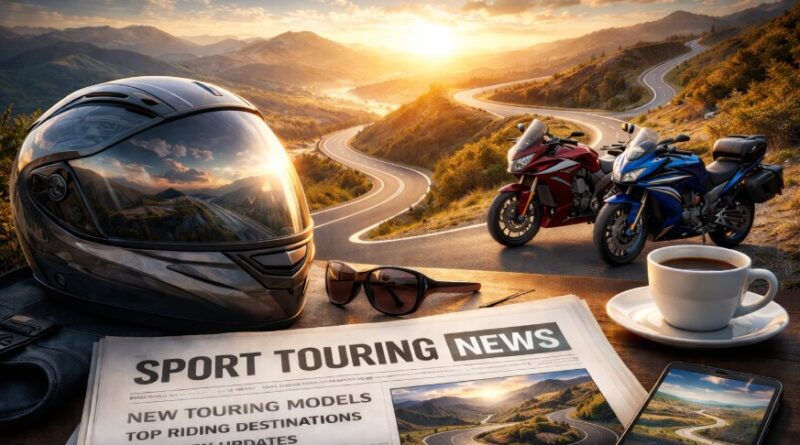 Sport touring motorcycles parked along a winding mountain road at sunset, with riding gear and a newspaper in the foreground.