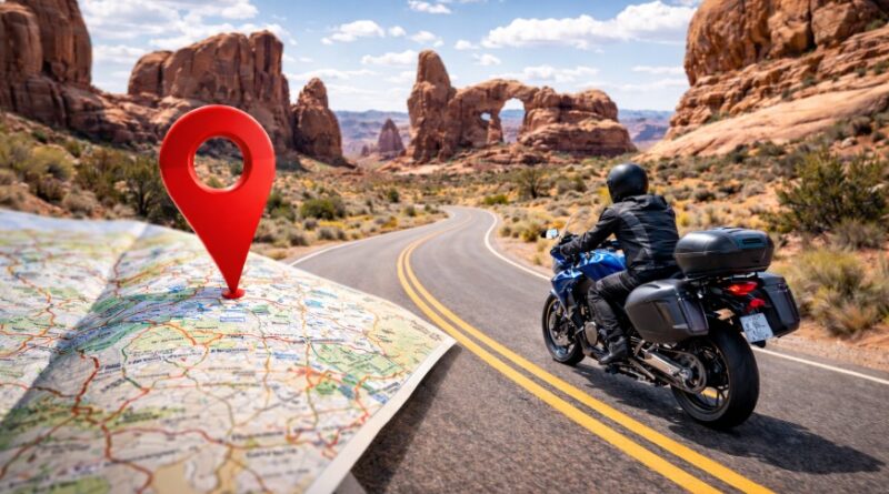 A sport-touring rider travels a winding road through Arches National Park, with a map and location pin highlighting the route.