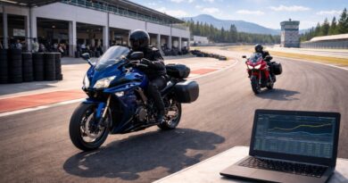 Two sport touring motorcycles on a sunlit racetrack near the pit lane, with telemetry data displayed on a laptop in the foreground.