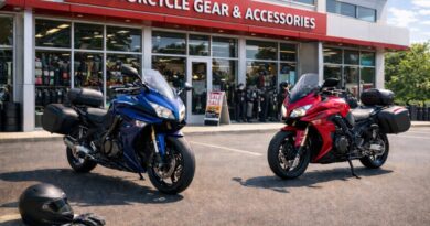 Two sport touring motorcycles parked outside a motorcycle gear shop, representing preparation and equipment for long-distance riding.