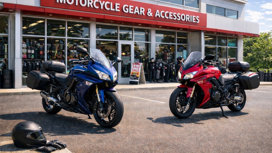 Two sport touring motorcycles parked outside a motorcycle gear shop, representing preparation and equipment for long-distance riding.