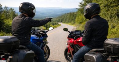 Two sport touring riders stopped on a mountain road, one gesturing ahead while discussing riding strategy with the other.